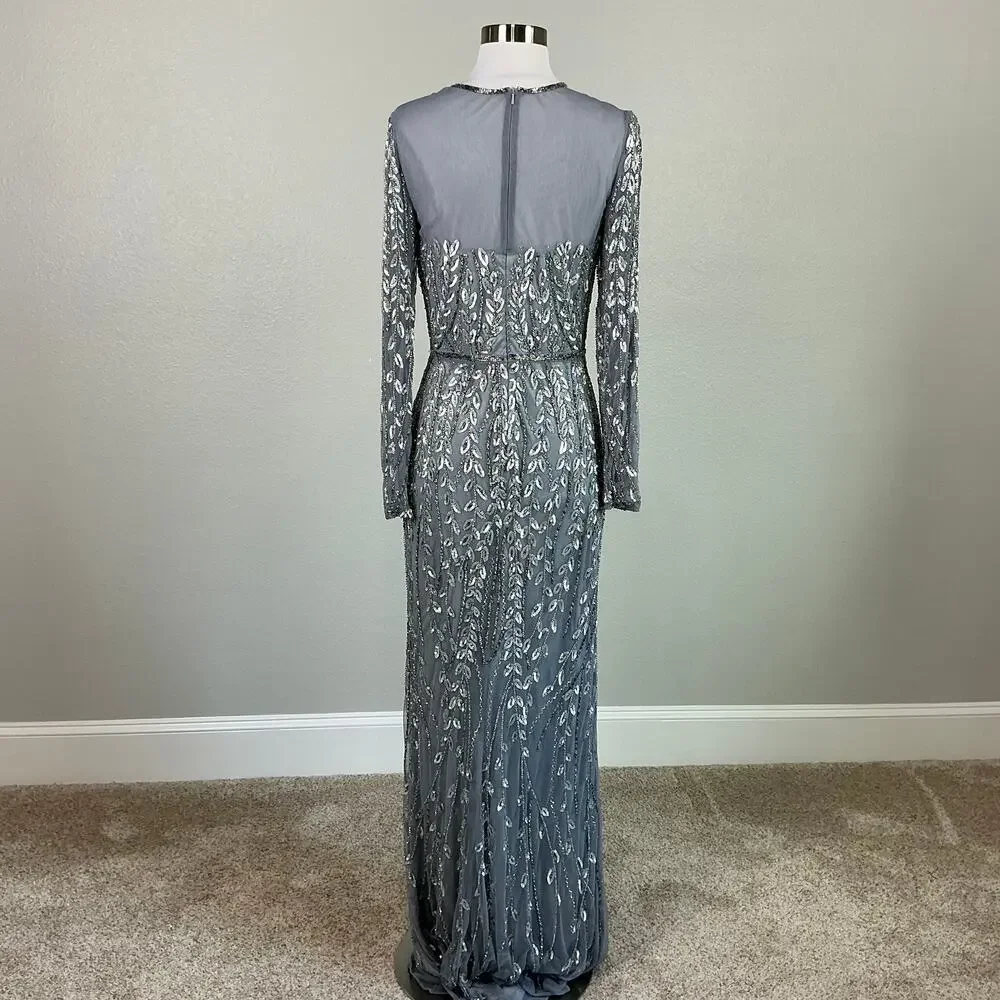 Mac Duggal 5644 Silver Column Evening Gown Sequined Long Sleeve Dress Size 6